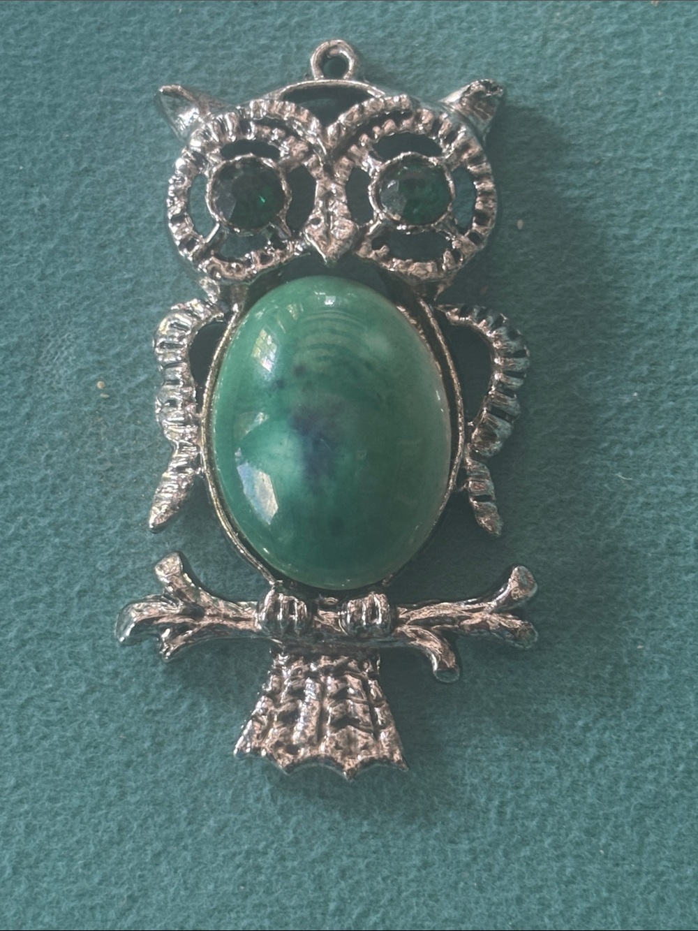 Vintage Owl Pendant Necklace with jelly belly Green Stone emerald green eyes